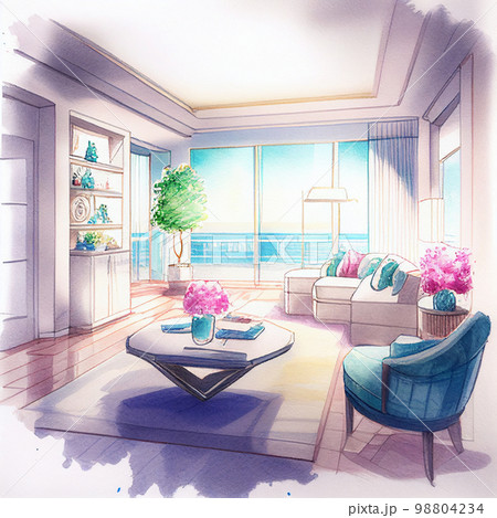 水彩画　海が見えるカラフルなリビングルーム　AI画像 98804234