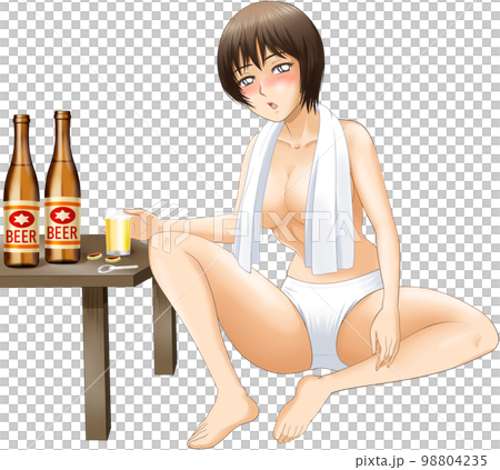 Older sister drinking beer after taking a bath 98804235
