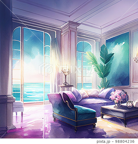 水彩画　海が見えるカラフルなリビングルーム　AI画像 98804236