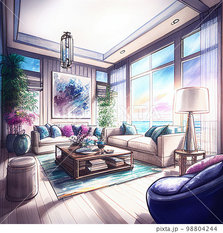 水彩画 海が見えるカラフルなリビングルーム AI画像 水彩画 海が見えるカラフルなリビングルーム AI画像 98804244