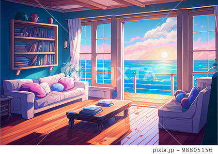 オーシャンビューのリビングルーム　AI画像 98805156