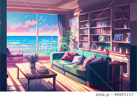 オーシャンビューのリビングルーム　AI画像 98805157