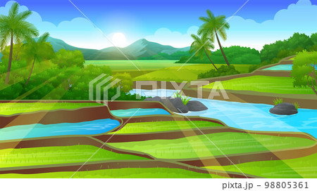 Rice field Terraces with a river flowing in the middle, and beautiful mountain background 98805361