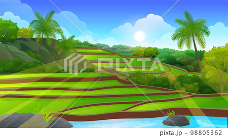 Rice field Terraces with river flowing beside, Beautiful nature rural landscape 98805362
