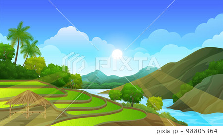 Beautiful nature rural landscape, Rice field Terraces with river, mountain and flourishing tropical forest 98805364