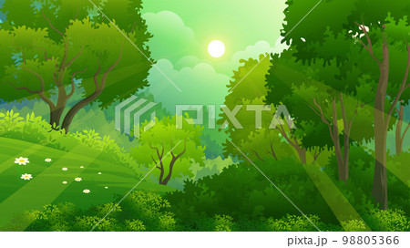 Wild forest with lush grass and trees tropical forest vector illustration Wild forest with lush grass and trees tropical forest vector illustration 98805366
