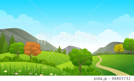 Panoramic view spring landscape, Pathway through a blissful forest Panoramic view spring landscape, Pathway through a blissful forest 98805732