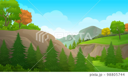 Pine forest in valley with green cliffs and hills Panoramic spring landscape Pine forest in valley with green cliffs and hills Panoramic spring landscape 98805744