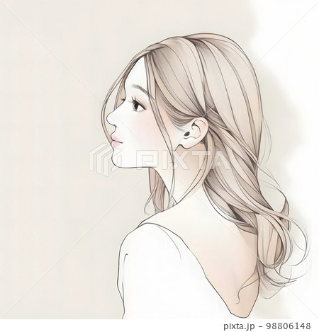 横顔の女性の水彩画イラスト「AI生成画像」のイラスト素材 [98806148