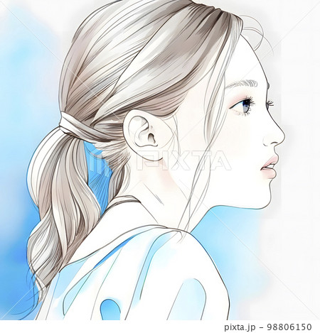 横顔の女性の水彩画イラスト「AI生成画像」のイラスト素材 [98806150