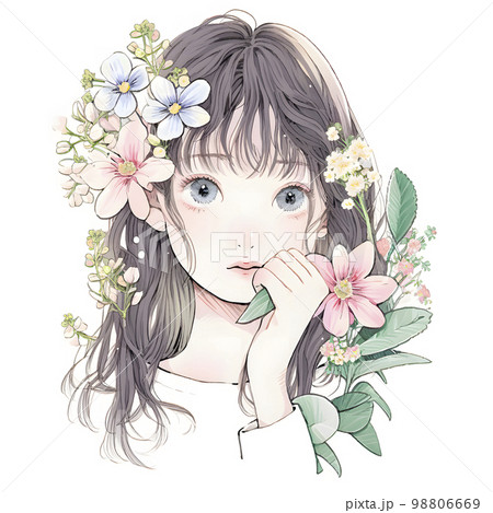 綺麗な花に包まれた女性 水彩画イラスト「AI生成画像」のイラスト素材 [98806669] - PIXTA