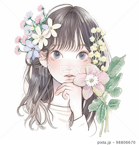 綺麗な花に包まれた女性 水彩画イラスト「AI生成画像」のイラスト素材