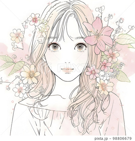 綺麗な花に包まれた女性 水彩画イラスト「AI生成画像」のイラスト素材