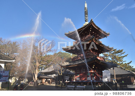 消防訓練　文化財防火デー　鶴林寺三重塔への放水で虹が出た 98806736