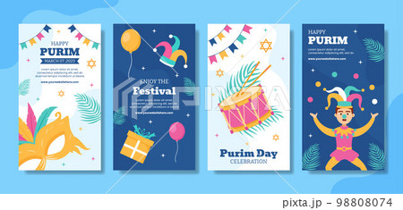 Happy Purim Day Social Media Stories Flat Cartoon Hand Drawn Templates Illustration 98808074