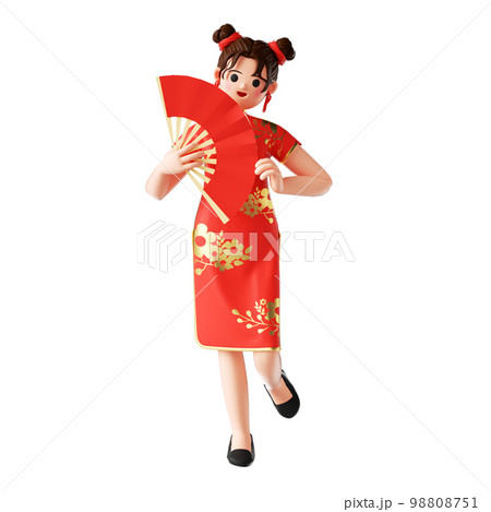 伝統的な中国の服を着た漫画の女性キャラクターの 3 D レンダリング 98808751
