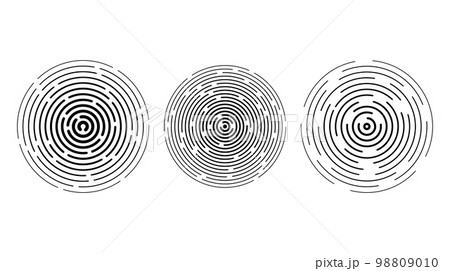 Concentric circle segments set. Rippled round patten background. Sonar or sound wave rings collection. Epicentre, target, radar icon concept. Radial signal or vibration elements.  98809010