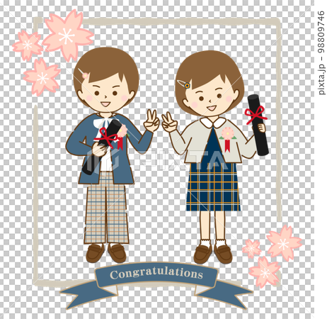 卒業式に友達と笑顔で記念撮影をする女の子③(桜とリボンフレーム付き) 卒業式に友達と笑顔で記念撮影をする女の子③(桜とリボンフレーム付き) 98809746