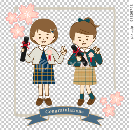 卒業式に友達と笑顔で記念写真を撮る女の子①(桜とリボンフレーム付き) 卒業式に友達と笑顔で記念写真を撮る女の子①(桜とリボンフレーム付き) 98809748