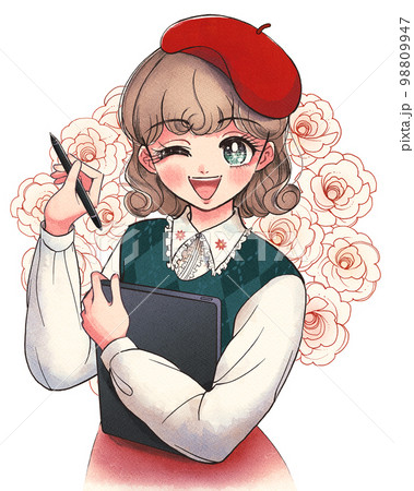 液晶タブレットを使って絵を描くクリエイターの少女イラスト 98809947