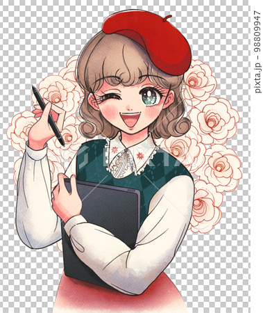 液晶タブレットを使って絵を描くクリエイターの少女イラスト 98809947