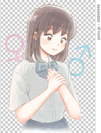 Hand-painted watercolor style, student wearing skirt school uniform, smiling student, transgender 98809948