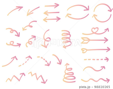 手書きのくるくる矢印セット ピンクとイエローのグラデーション 手書きのくるくる矢印セット ピンクとイエローのグラデーション 98810165