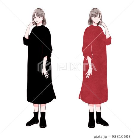 シンプルワンピースを着たボブヘアの女性二人の全身イラスト シンプルワンピースを着たボブヘアの女性二人の全身イラスト 98810603