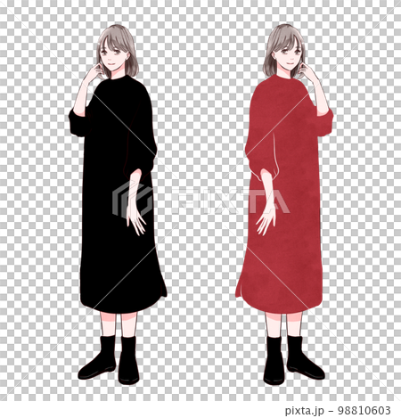 シンプルワンピースを着たボブヘアの女性二人の全身イラスト シンプルワンピースを着たボブヘアの女性二人の全身イラスト 98810603