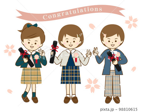 卒業式に友達と笑顔で記念撮影をする女の子(桜とおめでとうリボン付) 卒業式に友達と笑顔で記念撮影をする女の子(桜とおめでとうリボン付) 98810615