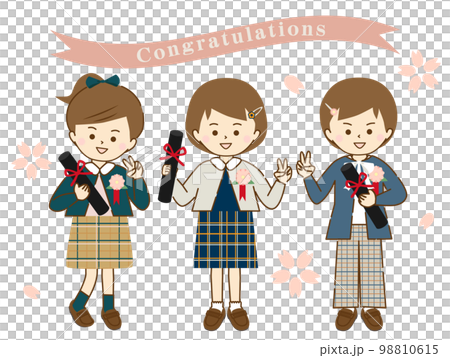 卒業式に友達と笑顔で記念撮影をする女の子(桜とおめでとうリボン付) 卒業式に友達と笑顔で記念撮影をする女の子(桜とおめでとうリボン付) 98810615