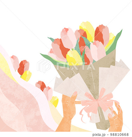 チューリップの花束を渡す人の手描き水彩風イラスト 98810668
