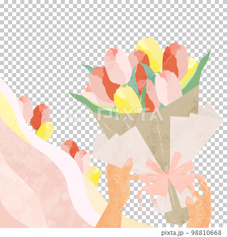 チューリップの花束を渡す人の手描き水彩風イラスト 98810668