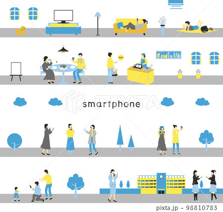 スマートフォンを楽しむ人達　シームレス背景 98810783