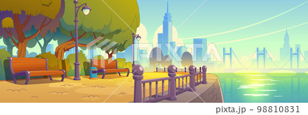 Summer cityscape with park benches on river bank 98810831