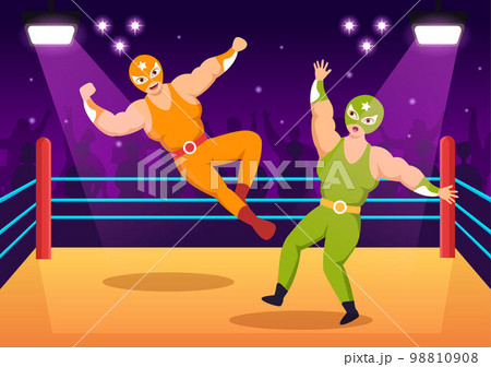 Wrestling Illustration with Two fighters Boxing Competition or Championship Sport on a Arena in Flat Cartoon Hand Drawn for Landing Page Templates 98810908