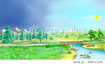 Bridge over a river in the suburbs illustration 98811109