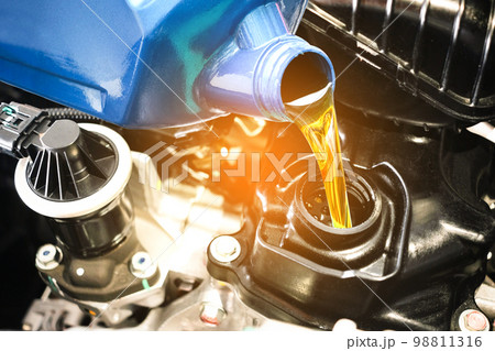 Refueling and pouring oil quality into the engine motor car Transmission and Maintenance Gear .Energy fuel concept. Refueling and pouring oil quality into the engine motor car Transmission and Maintenance Gear .Energy fuel concept. 98811316