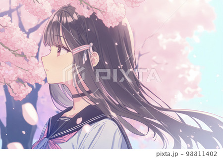 女子生徒　桜が満開の季節　卒業式　入学シーズン「AI生成画像」 98811402