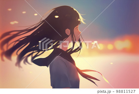 遠くを見つめる女子高生の横顔　アニメ風イラスト「AI生成画像」 98811527
