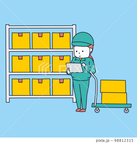 ピッキング作業を効率的にこなす作業着の女のイラスト素材 98812315