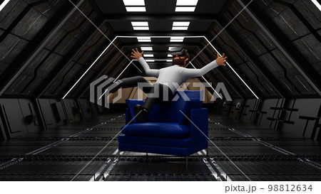 Man enjoy virtual reality with VR glasses and levitation in sci fi spaceship, 3D rendering. 98812634