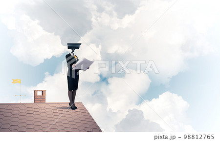 Concept of security and privacy protection with camera headed woman Concept of security and privacy protection with camera headed woman 98812765