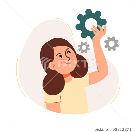 The woman holds the gear and adjusts the processes. The concept of a business idea, startup, organization, brainstorming. Vector illustration isolated on a white background The woman holds the gear and adjusts the processes. The concept of a business idea, startup, organization, brainstorming. Vector illustration isolated on a white background 98812871