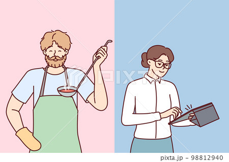 Brutal man preparing food for family while woman doing business or working in office 98812940