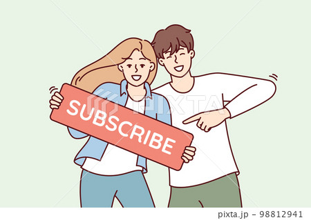 Beautiful couple of man and woman smile show subscribe sign call on viewers to action Beautiful couple of man and woman smile show subscribe sign call on viewers to action 98812941