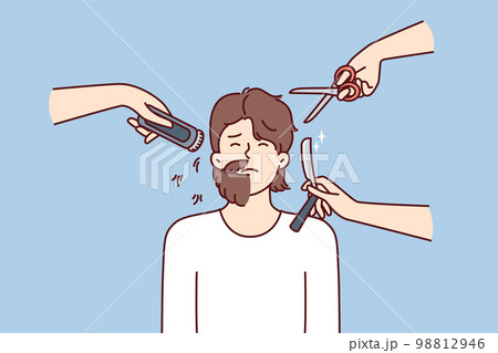 Hands with scissors and shaving devices around man with partially trimmed beard 98812946