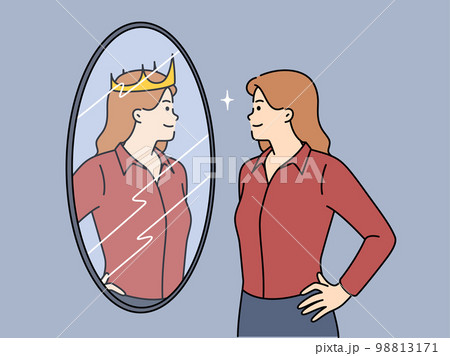 ambitious woman looks in mirror and sees own reflection with crown symbolizing success ambitious woman looks in mirror and sees own reflection with crown symbolizing success 98813171