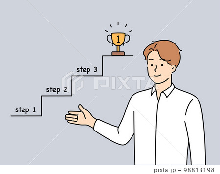 Man business coach pointing with hand at sketchy ladder leading to career success 98813198