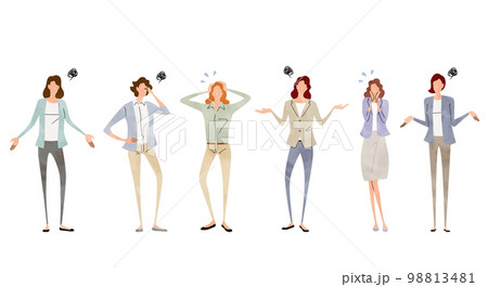 ベクターイラスト素材:思い悩む女性たち、困る人々、ビジネス人物セット ベクターイラスト素材:思い悩む女性たち、困る人々、ビジネス人物セット 98813481